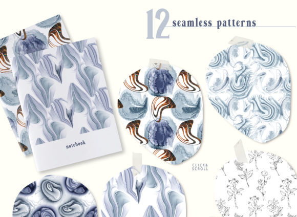 Cold Blue & Gold Line Art Flowers Seamless Patterns: Versatile Digital Assets for Modern Designers