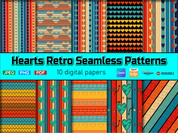 Hearts Retro Seamless Patterns Digital