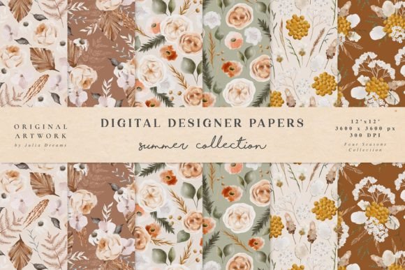 Summer Four Seasons Seamless Patterns and Set of 6 High Quality Digital Papers